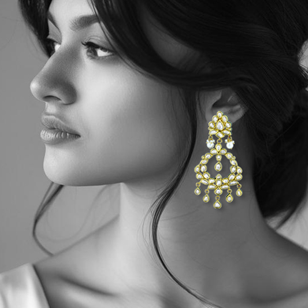 Polki Chandelier Earrings with Teardrops and Pearls